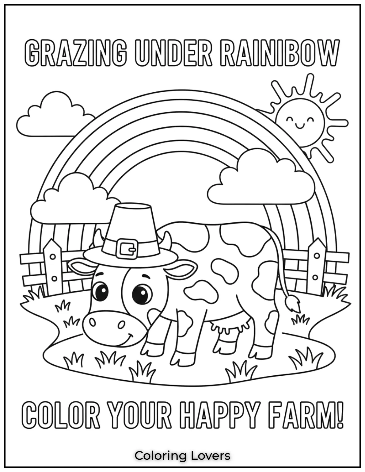 A cow peacefully grazes under a beautiful rainbow in this printable scene