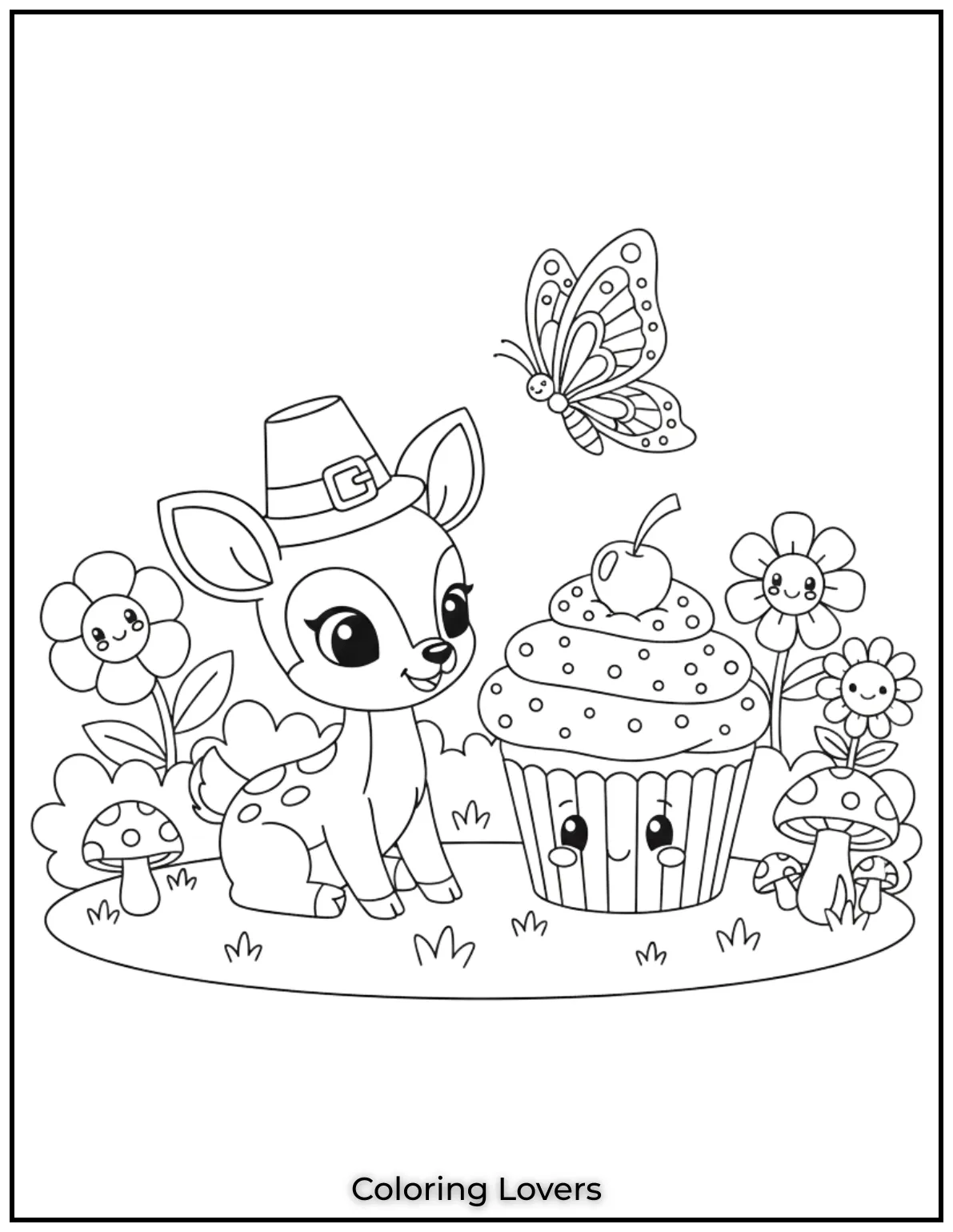 A cupcake a butterfly and a cheerful deer this garden feels like a sweet and silly dream
