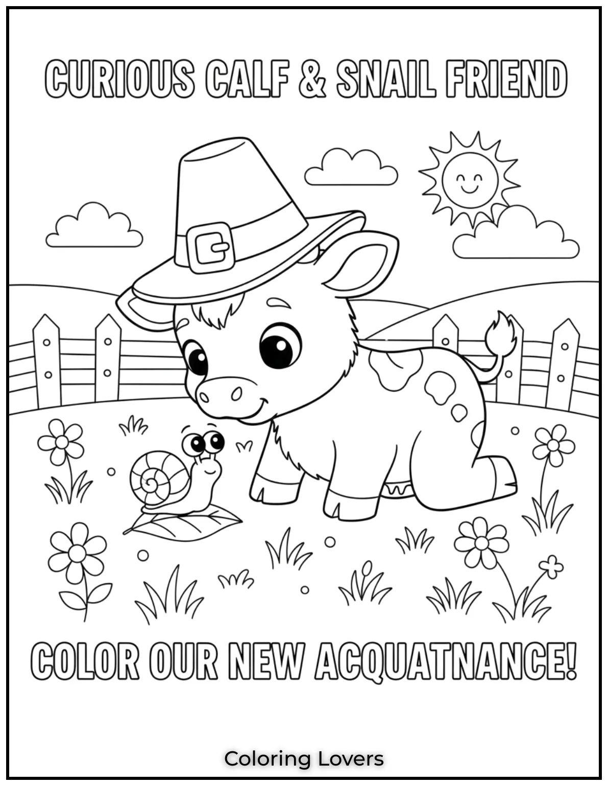 A curious calf is meeting a snail for the first time. This simple scene offers a peaceful moment to color and enjoy