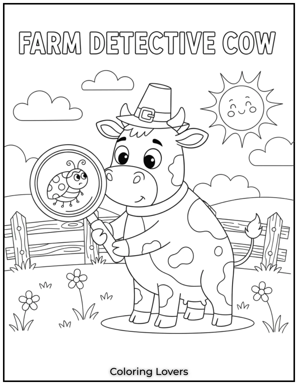 A curious cow is using its magnifying glass to solve a mystery in the field in this fun printable coloring page
