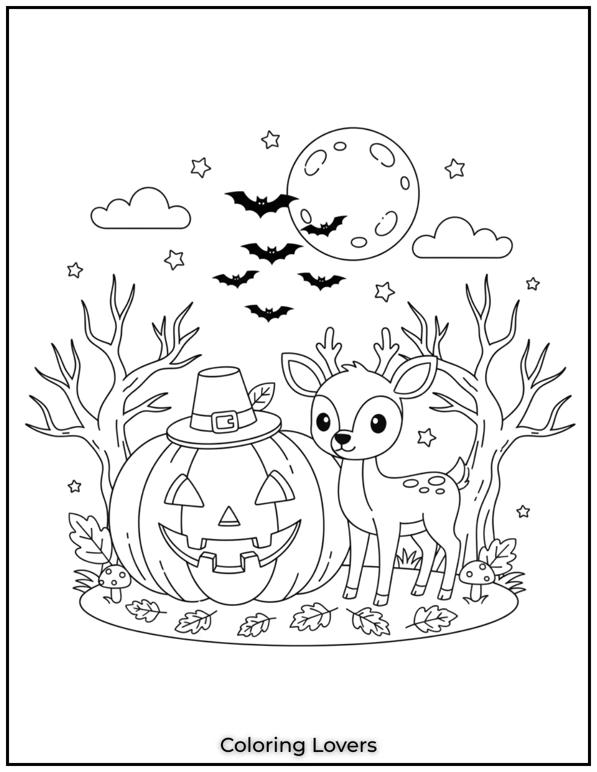 A curious deer stands by a giant pumpkin with bats flying overhead. This calm autumn night scene invites kids to add their own colorful touch