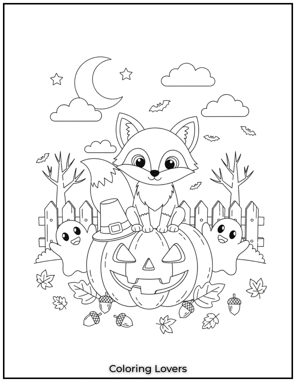 A curious fox sits on a pumpkin while friendly ghosts peek out from behind. The scattered acorns and leaves create a playful autumn vibe