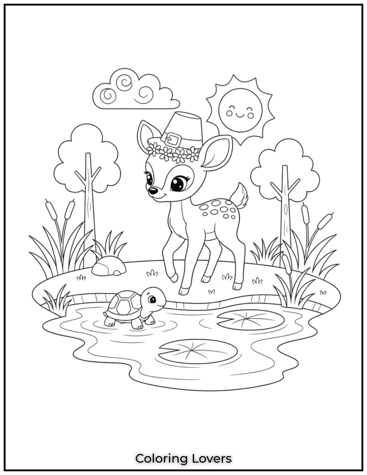 A deer steps gently by the pond with a turtle nearby. A calm deer coloring page to relax young minds