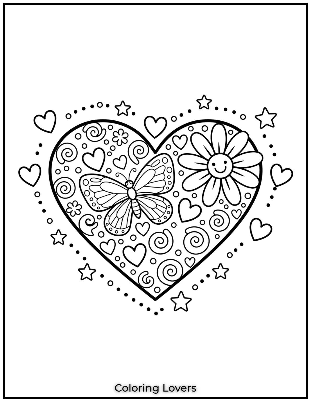 A delicate butterfly resting on a heart with a daisy beside it. Such a peaceful scene to color