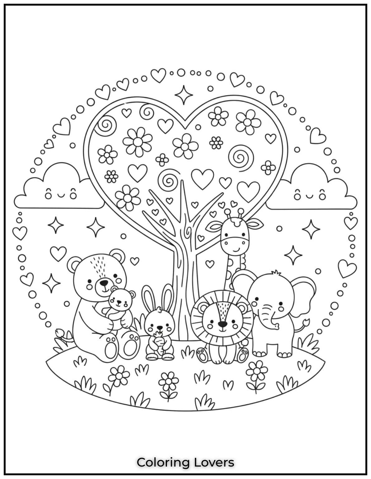 A family of animals gathered around a heart shaped tree