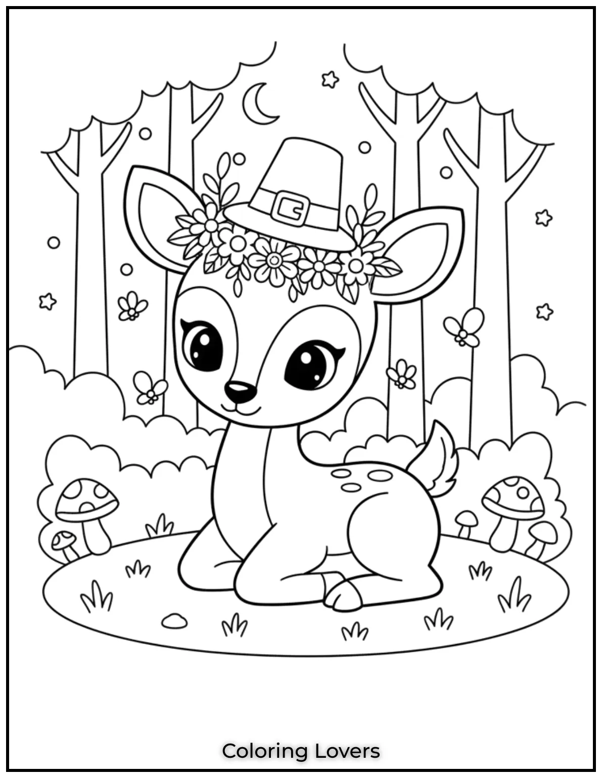 A flower crowned deer sits quietly as stars and fireflies twinkle in the calm nighttime forest