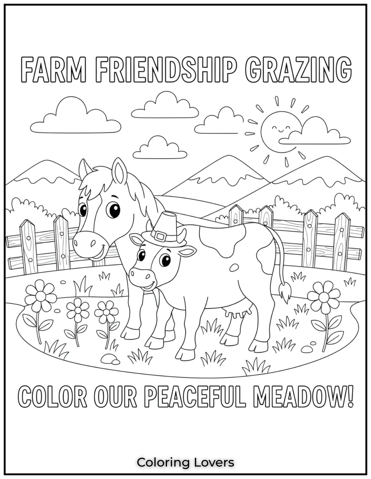 A gentle horse and cow are peacefully grazing together. Its a sweet farm scene that invites creativity and calm
