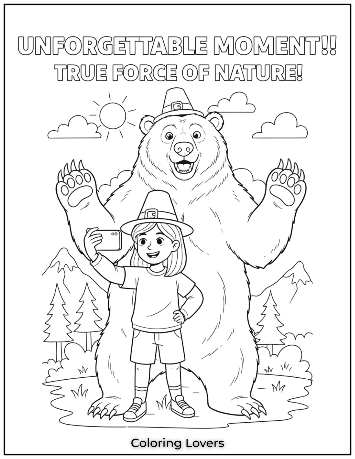 A girl holds up her phone for a selfie while a massive grizzly bear stands behind her. An unforgettable moment