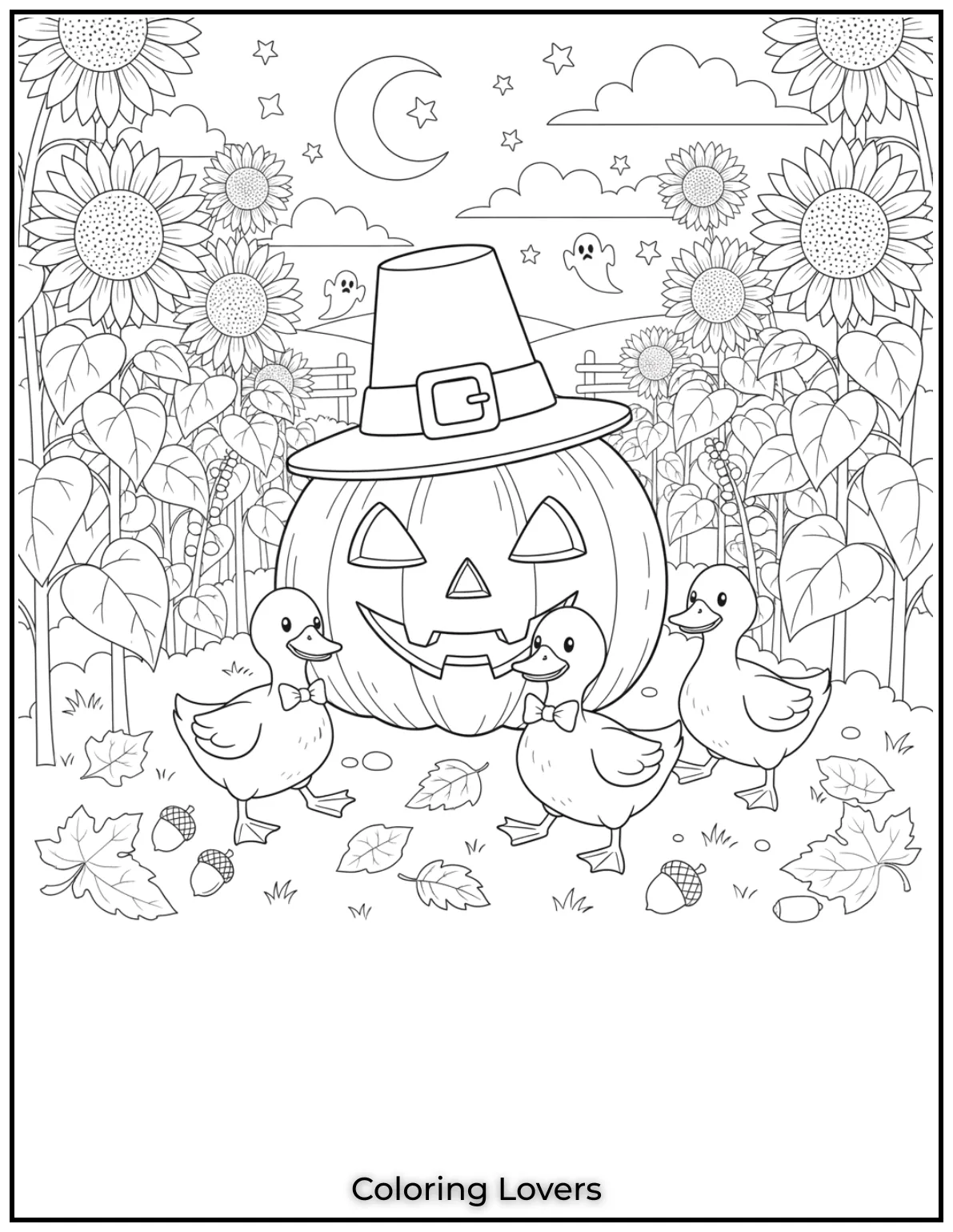 A group of playful ducks waddles around a big pumpkin in a field of sunflowers