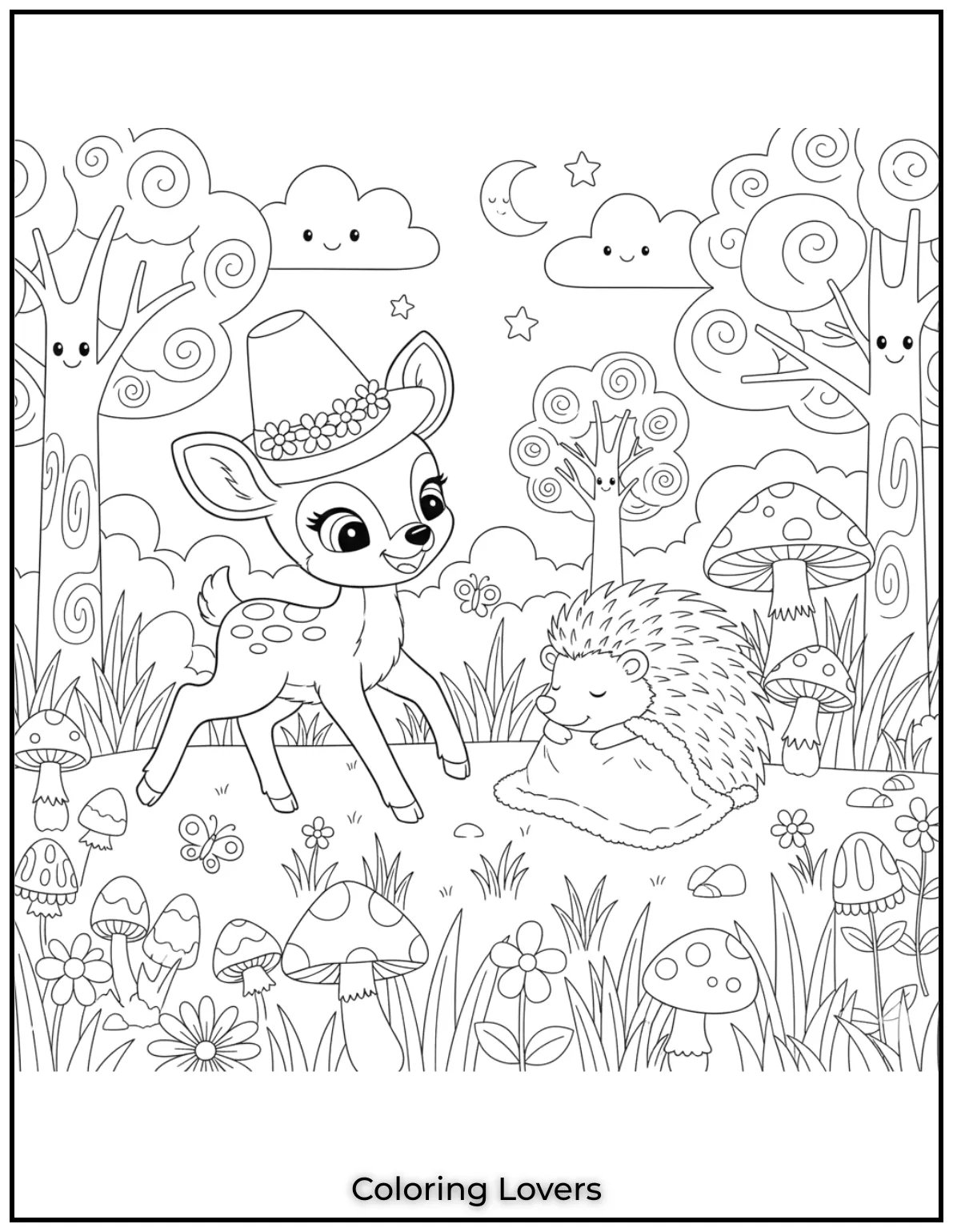 A happy baby deer prances by a sleeping hedgehog. Theres so much nature here to bring to life