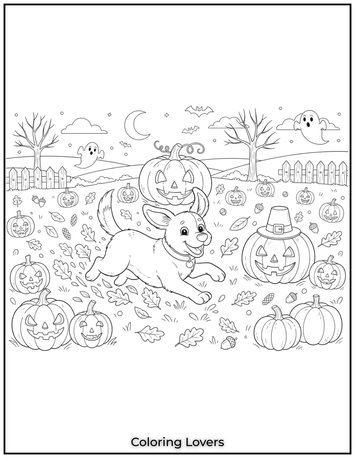 A happy dog dashes through a field of pumpkins kicking up leaves as it runs