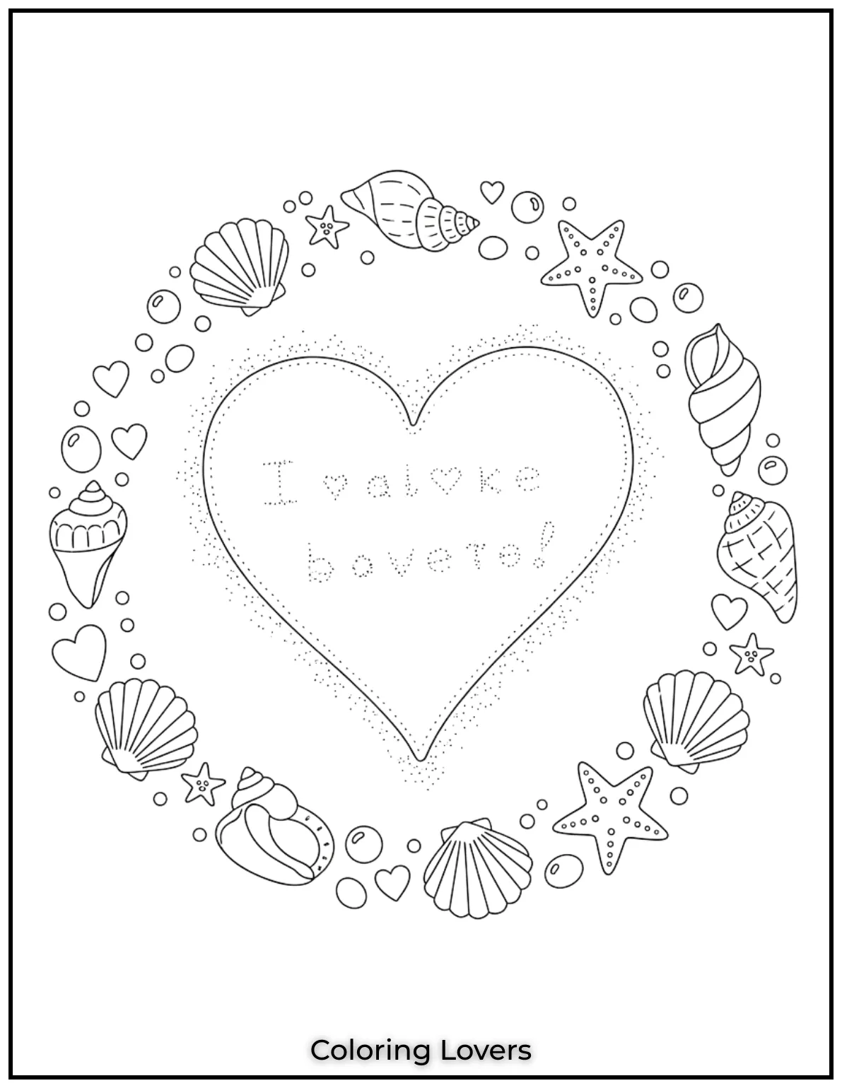 A heart drawn in the sand surrounded by seashells. This beach themed heart coloring page is perfect for summer vibes