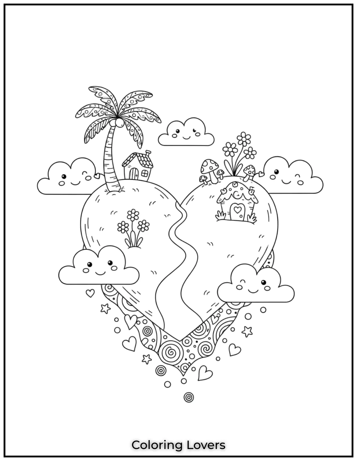 A heart shaped island floats high in the sky kissed by the clouds