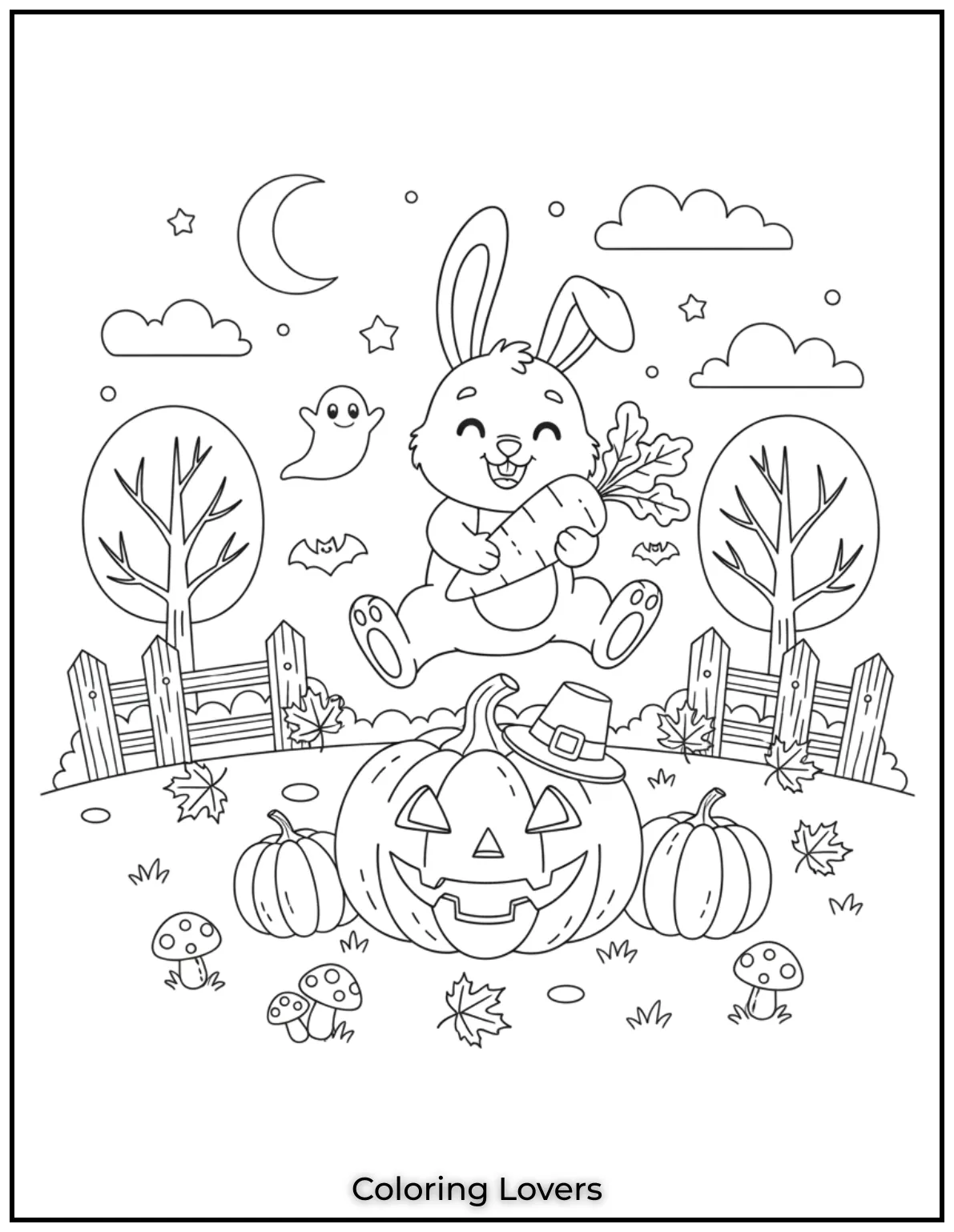 A joyful bunny leaps with a carrot over a pumpkin making this a lively autumn page