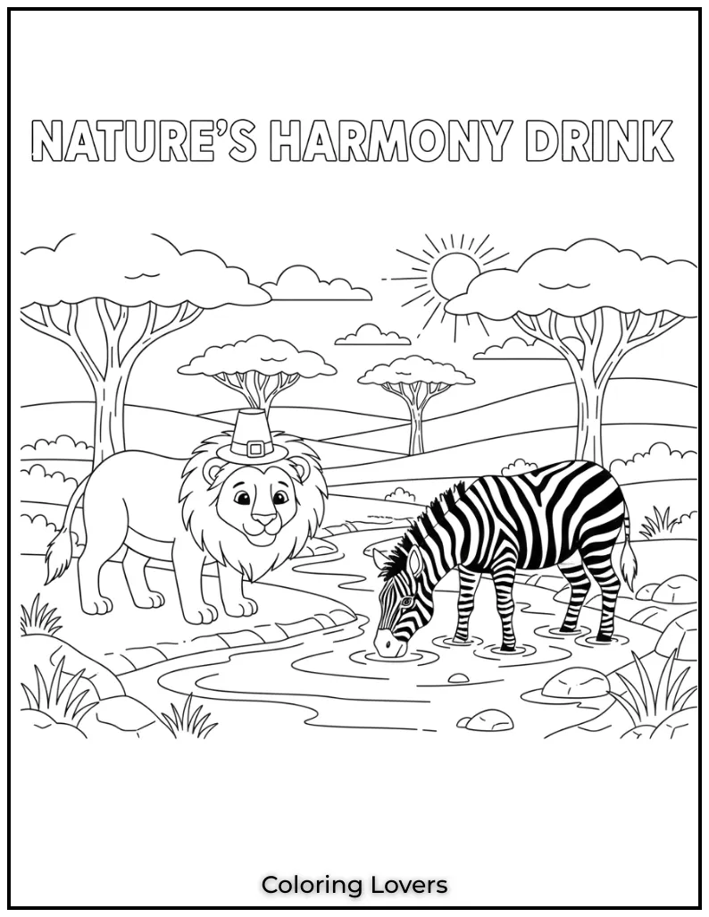 A lion and a zebra unlikely companions share a drink from a calm river. This coloring page captures the beauty of natures harmony