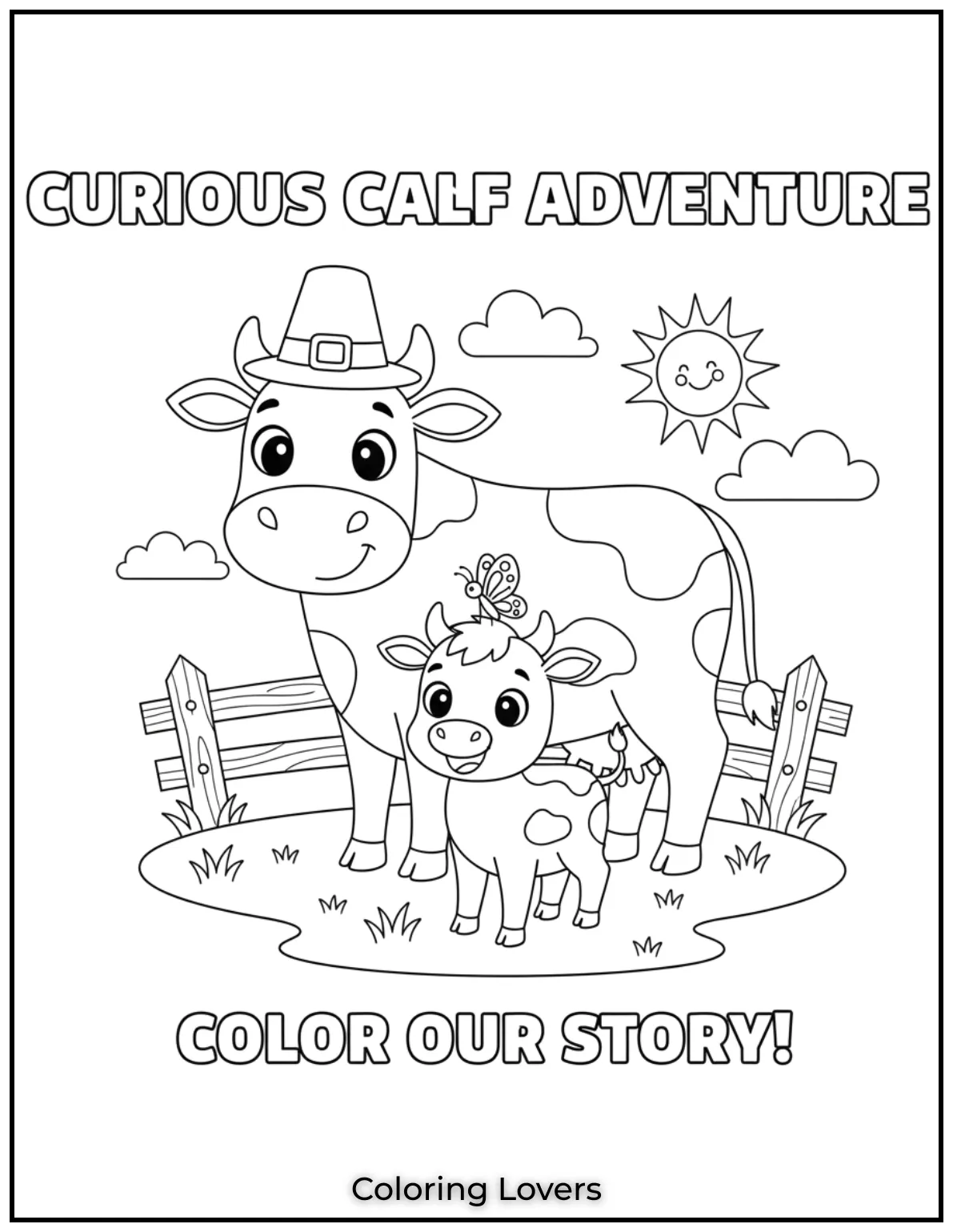 A little calf curiously gazes at a butterfly perched on its head with its mother watching tenderly