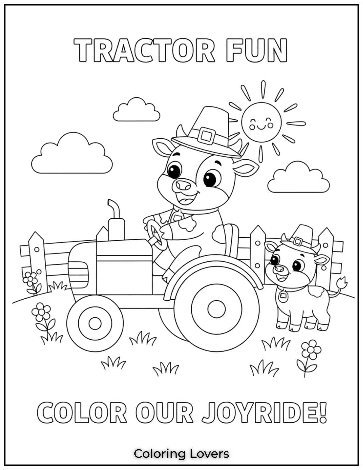 A little cow is having fun driving a tractor while another watches curiously. Its a cute and silly farm scene that kids will love to color