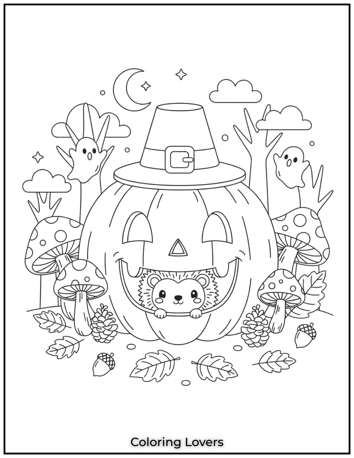 A little hedgehog peeks from a carved pumpkin surrounded by mushrooms and pinecones. This scene feels like a cozy fall surprise