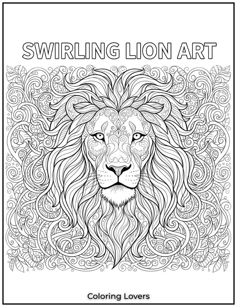 A majestic lion surrounded by swirling patterns. This page offers adults a chance to relax and explore intricate designs