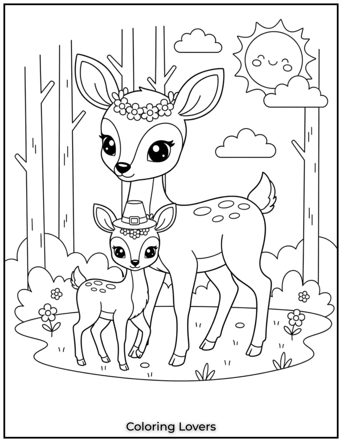 A mama deer walks with her baby under the sun. Children will love the gentle forest feeling here