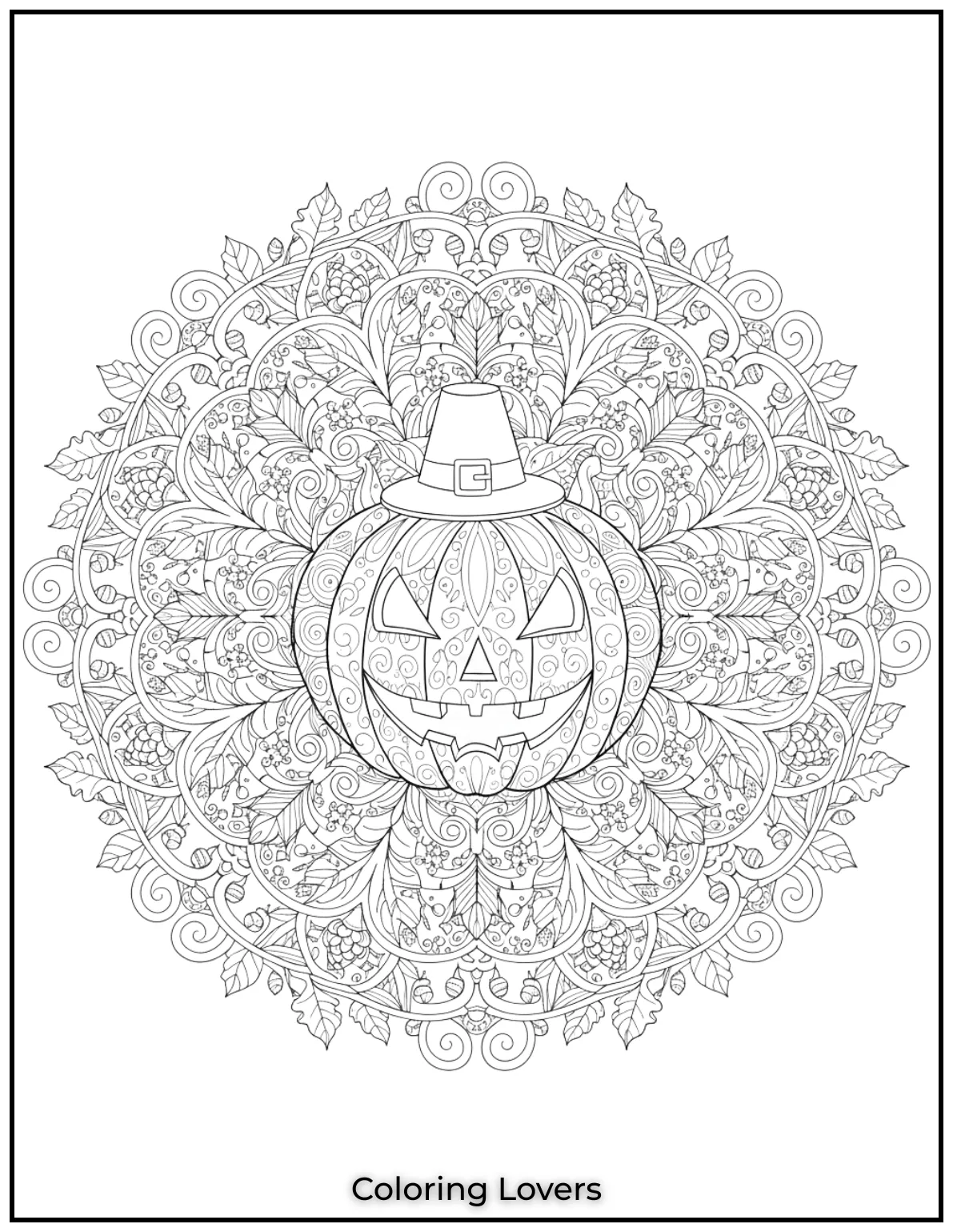 A mandala style pumpkin surrounded by swirling leaves creates a detailed and calming autumn scene