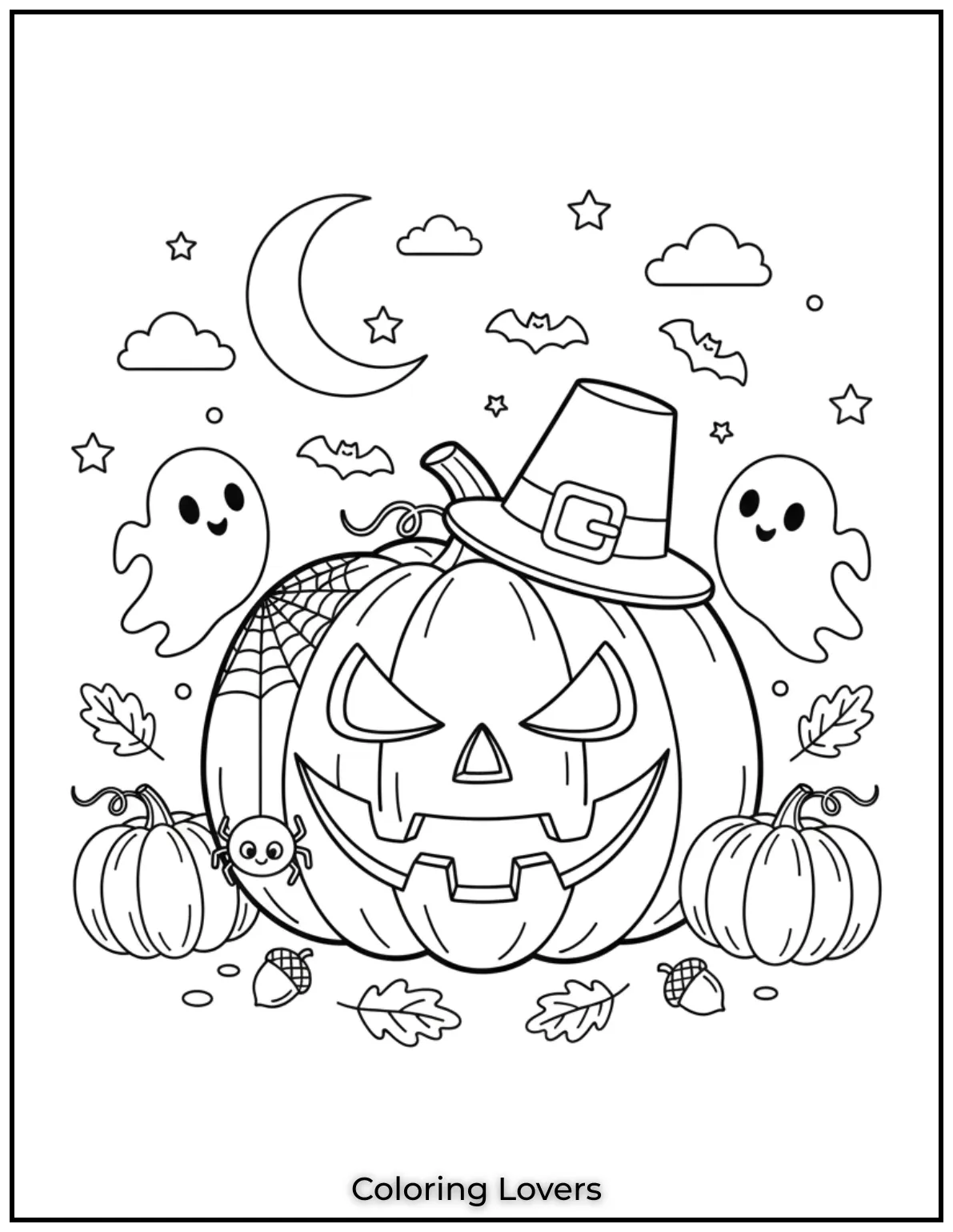 A mischievous jack o lantern with bats ghosts and a crawling spider sets a spooky Halloween scene. This playful pumpkin coloring page captures the eerie holiday spirit