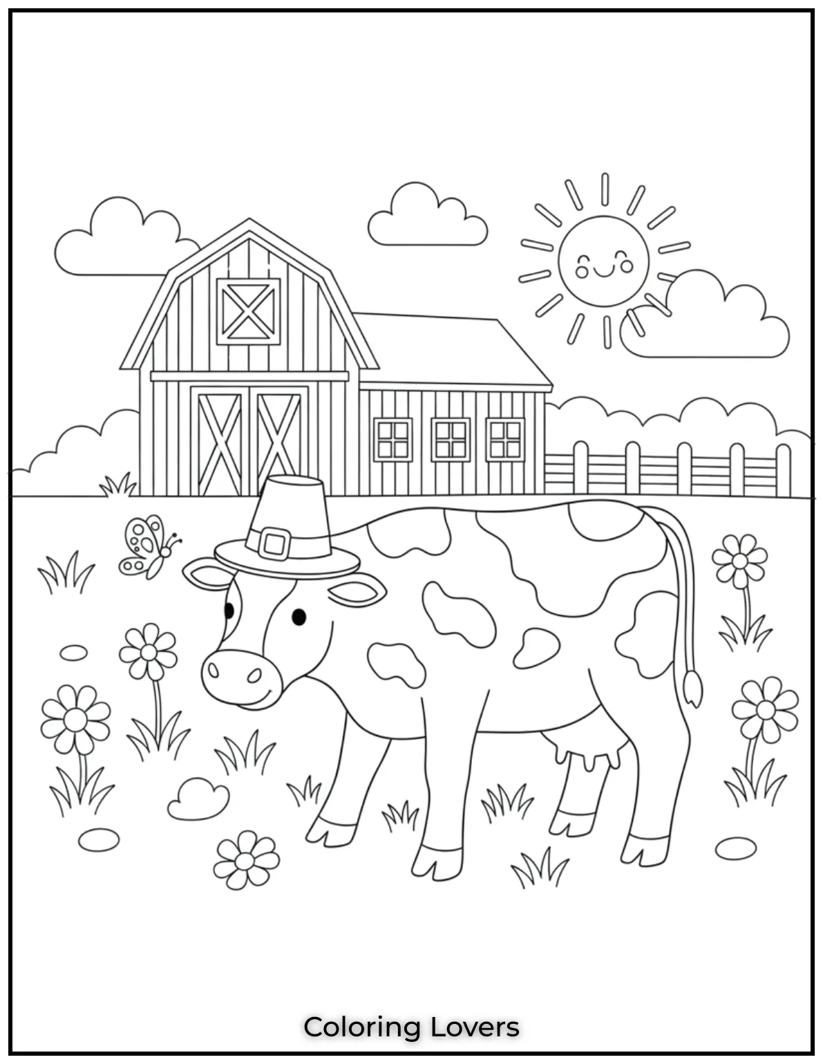 A peaceful cow is grazing near the barn while a butterfly flutters by in this free printable coloring page