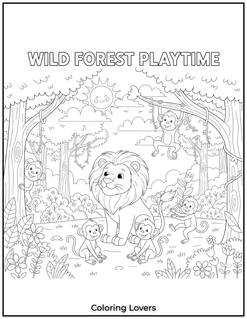 A playful group of monkeys watches the lion closely in this scene blending fun and adventure in the wild forest