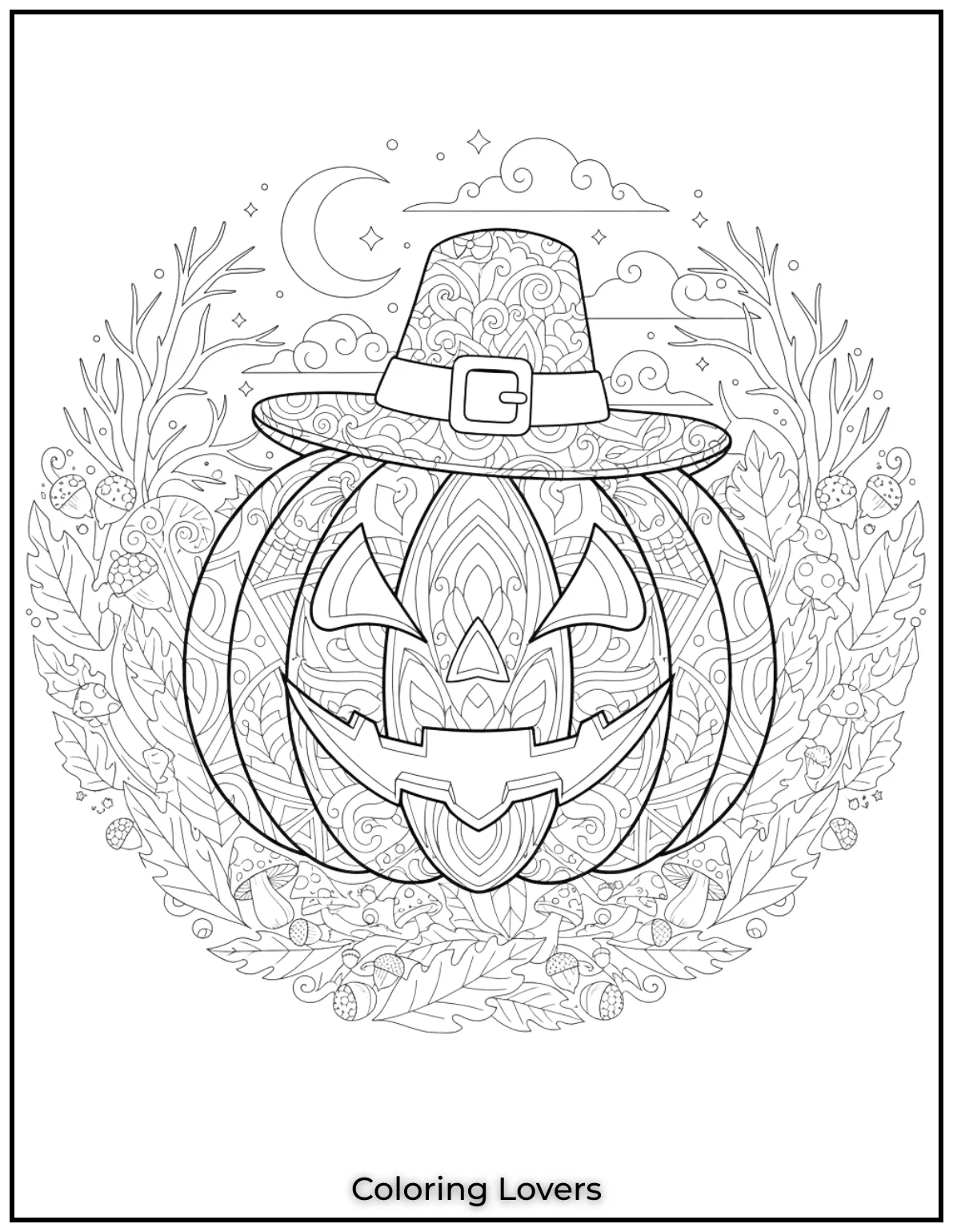 A pumpkin with intricate geometric patterns invites creativity and focus. Its bold design brings a fresh and artistic touch to your autumn coloring pages