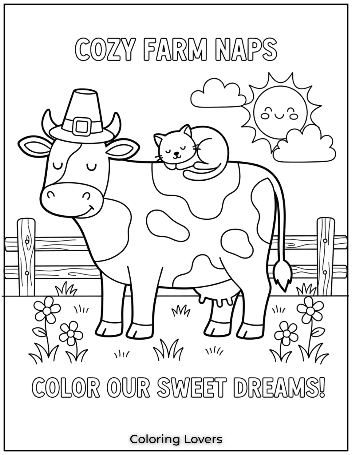 A sleepy cat naps on the back of a calm cow. This cozy farm moment is perfect for a relaxing coloring session