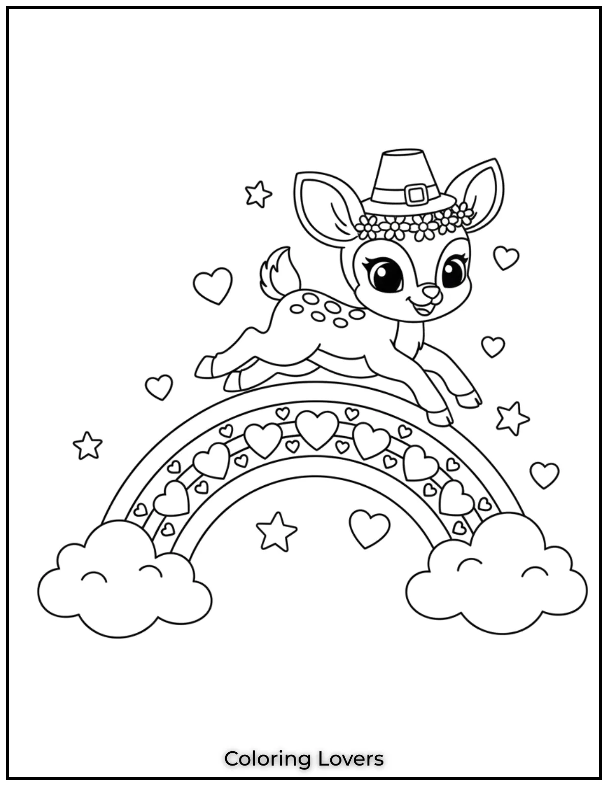 A smiling fawn leaps over a rainbow filled with hearts. One of our happiest printable deer coloring pages