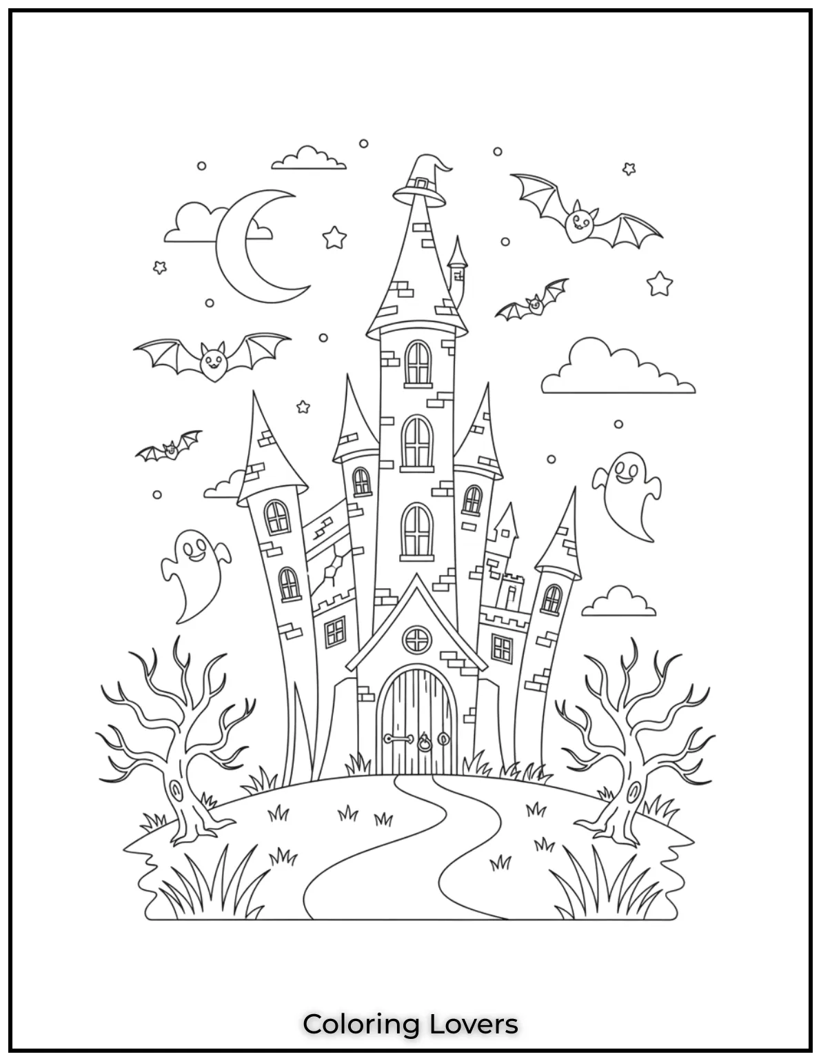 A spooky haunted castle with bats flying across the night sky This printable coloring page is perfect for adding a touch of Halloween fun