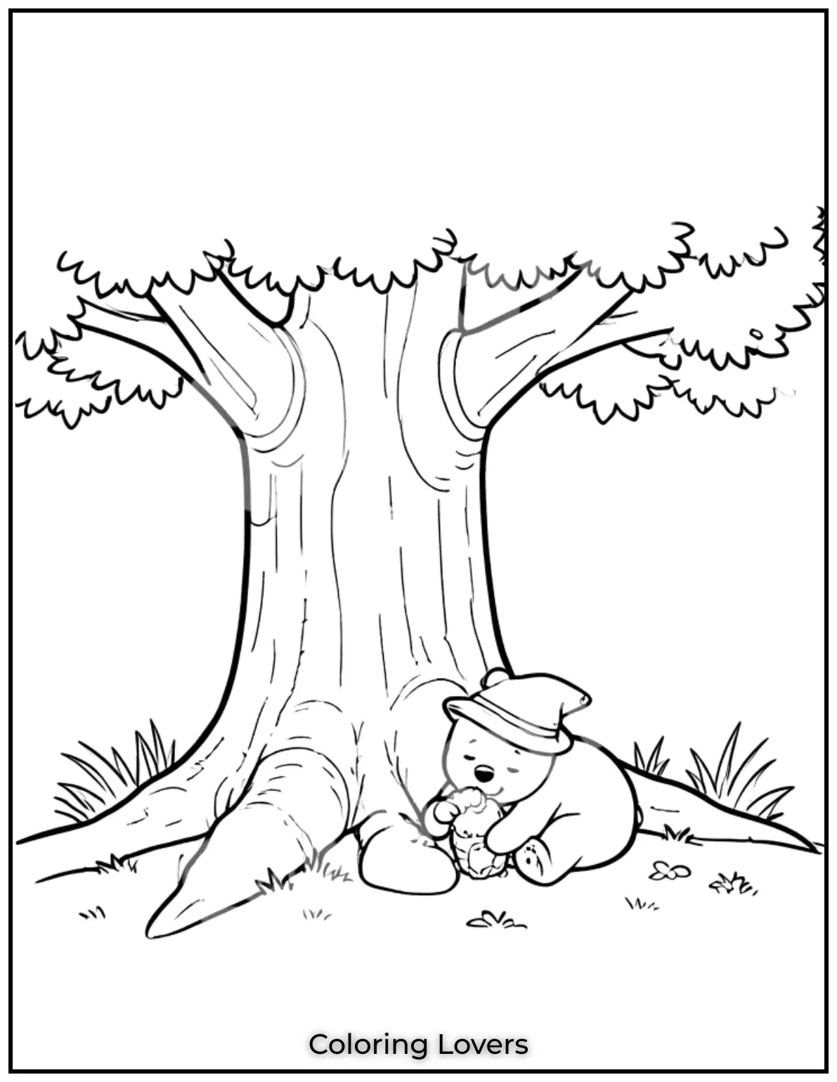 After a full belly of honey Winnie the Pooh rests peacefully under his favorite tree dreaming sweet dreams
