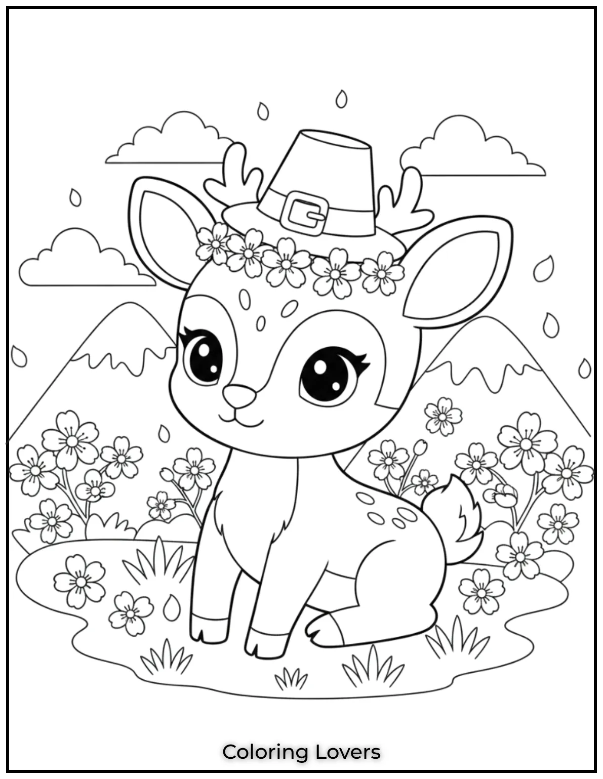 Among mountains and blossoms this cozy scene is one of my favorite deer coloring pages for kids