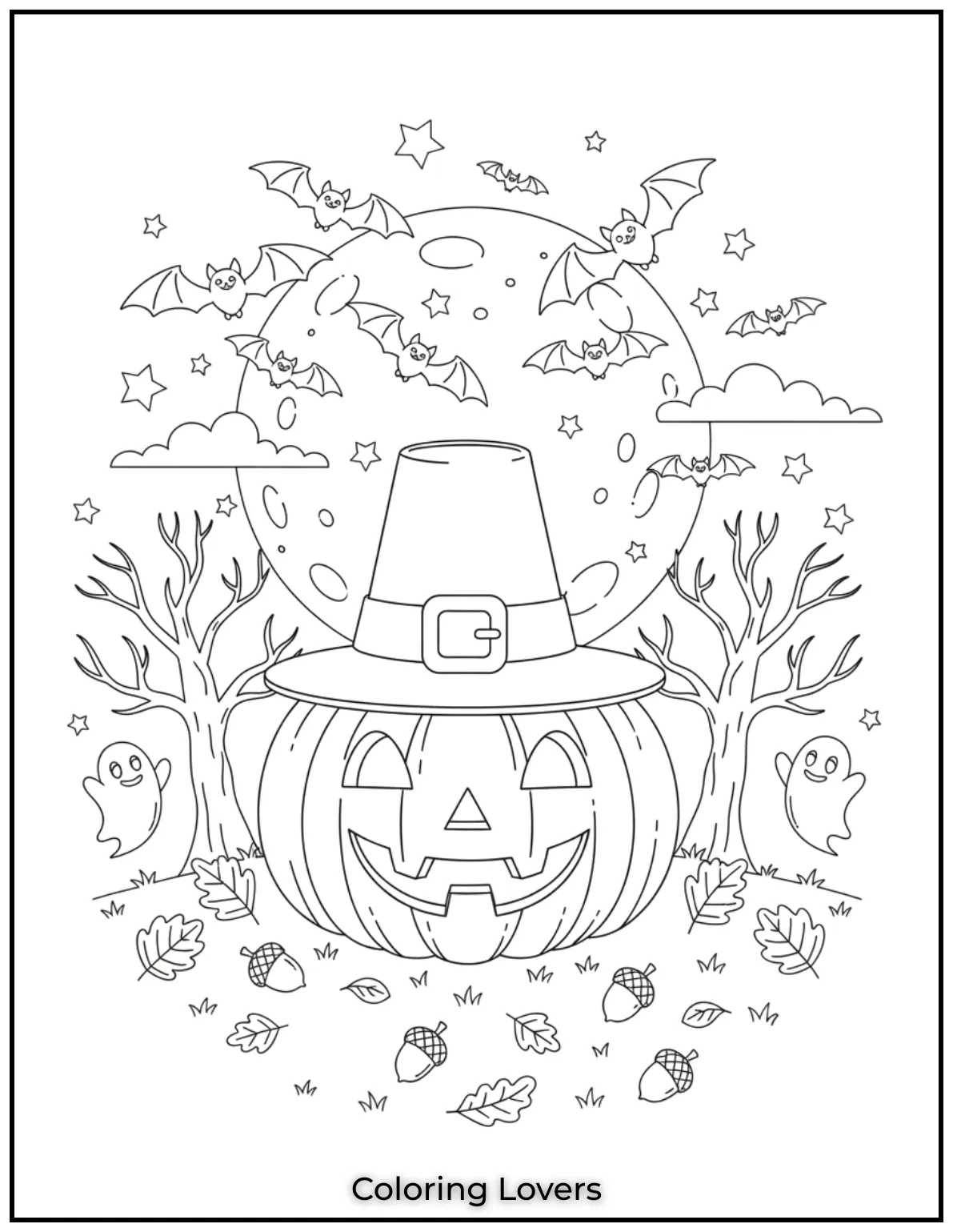 Bats swoop around a large pumpkin under the bright moon