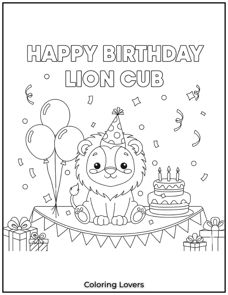Celebrate a special birthday with this adorable lion cub complete with balloons a cake and a big smile