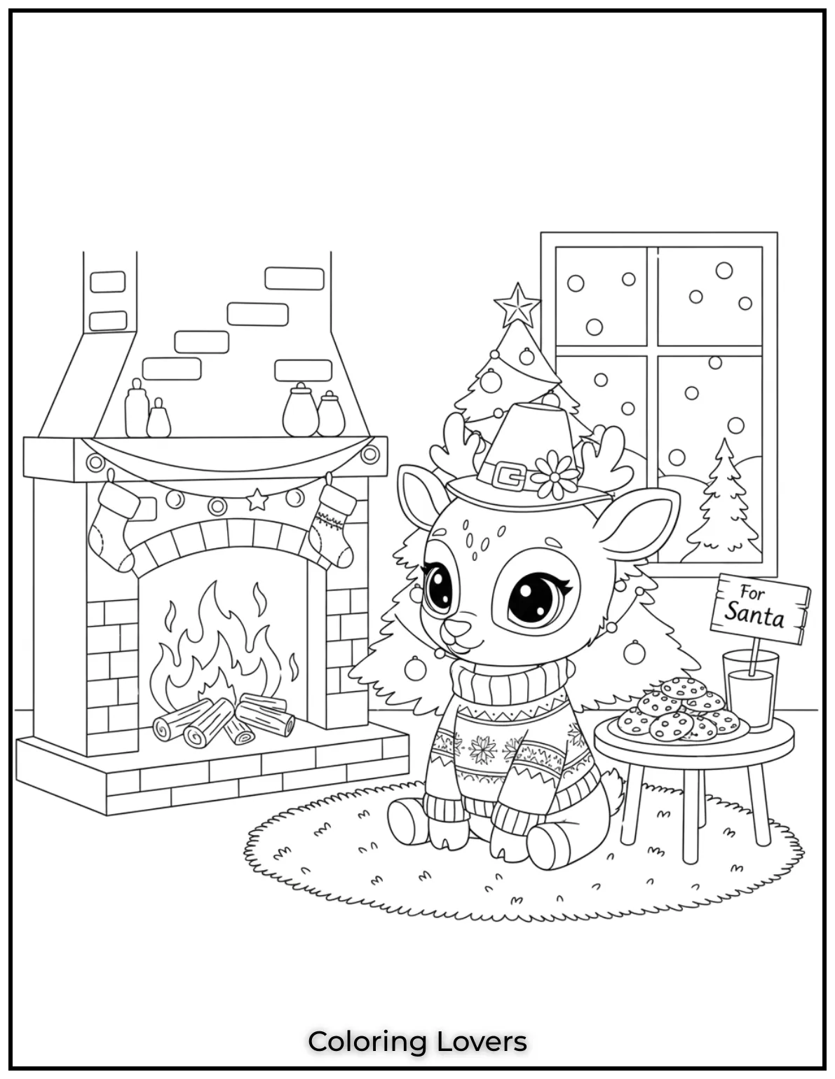 Cozy in a sweater this reindeer waits by the fire for Santas cookies. So much warmth in every detail