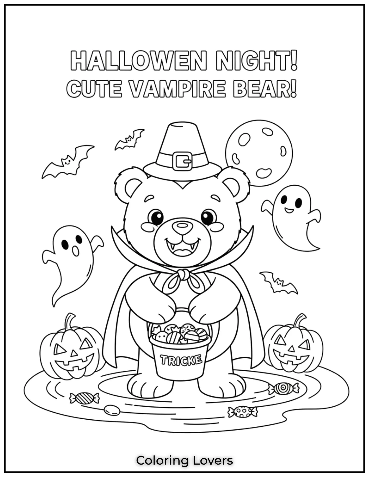 Dressed as a little vampire this teddy bear collects candies on Halloween night surrounded by ghosts and bats