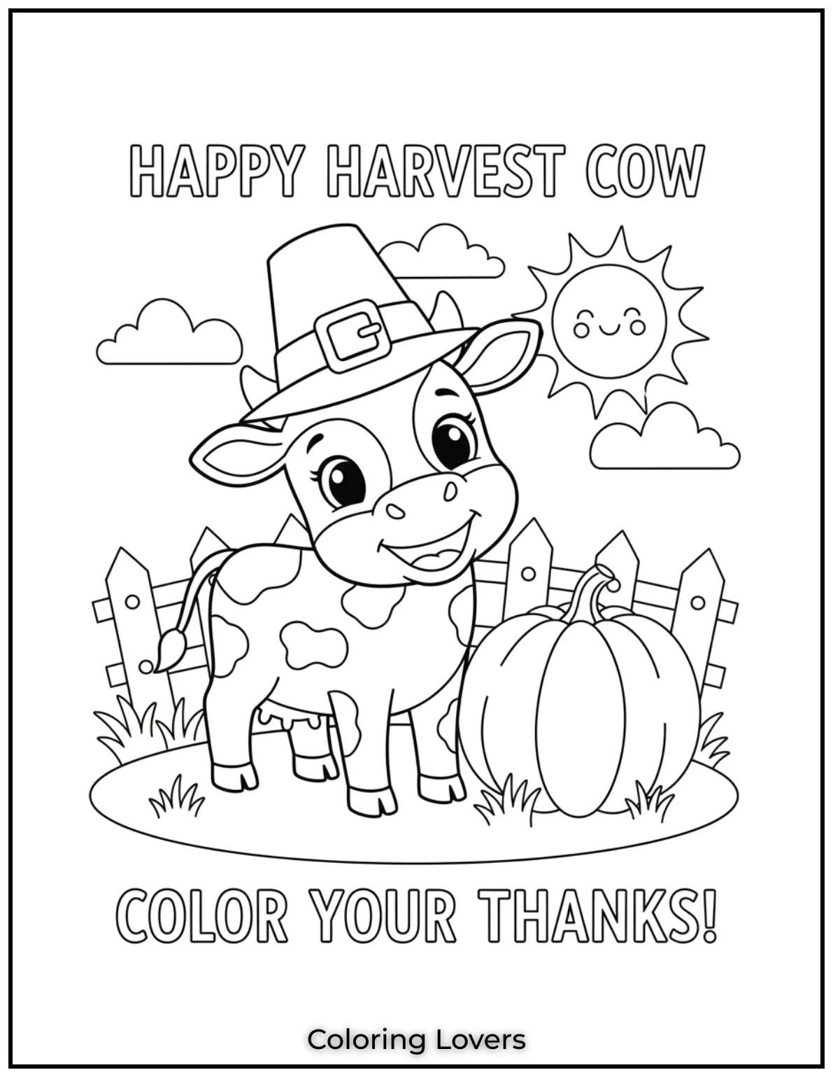 Dressed for Thanksgiving this little cow comes with a pilgrim hat and a pumpkin. A festive coloring page that adds a touch of holiday fun