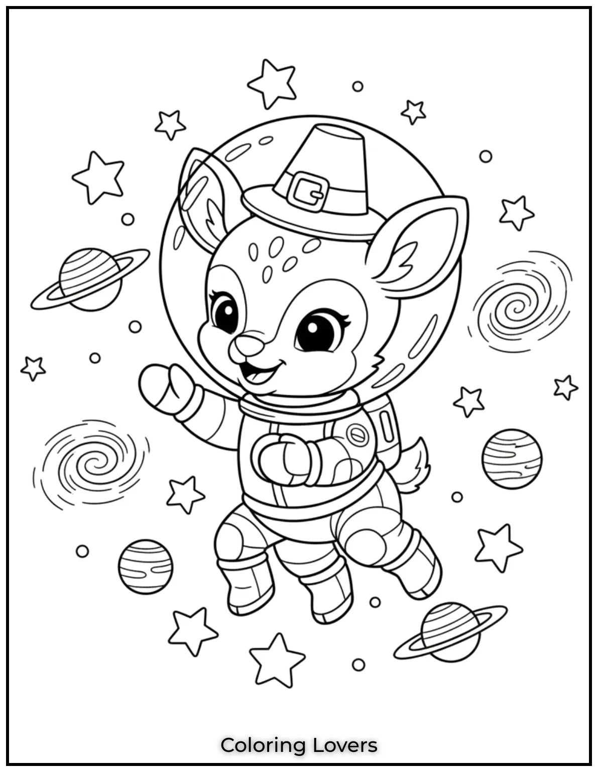 Floating through stars this space fawn smiles in her suit. Its a cosmic joy for kids to color