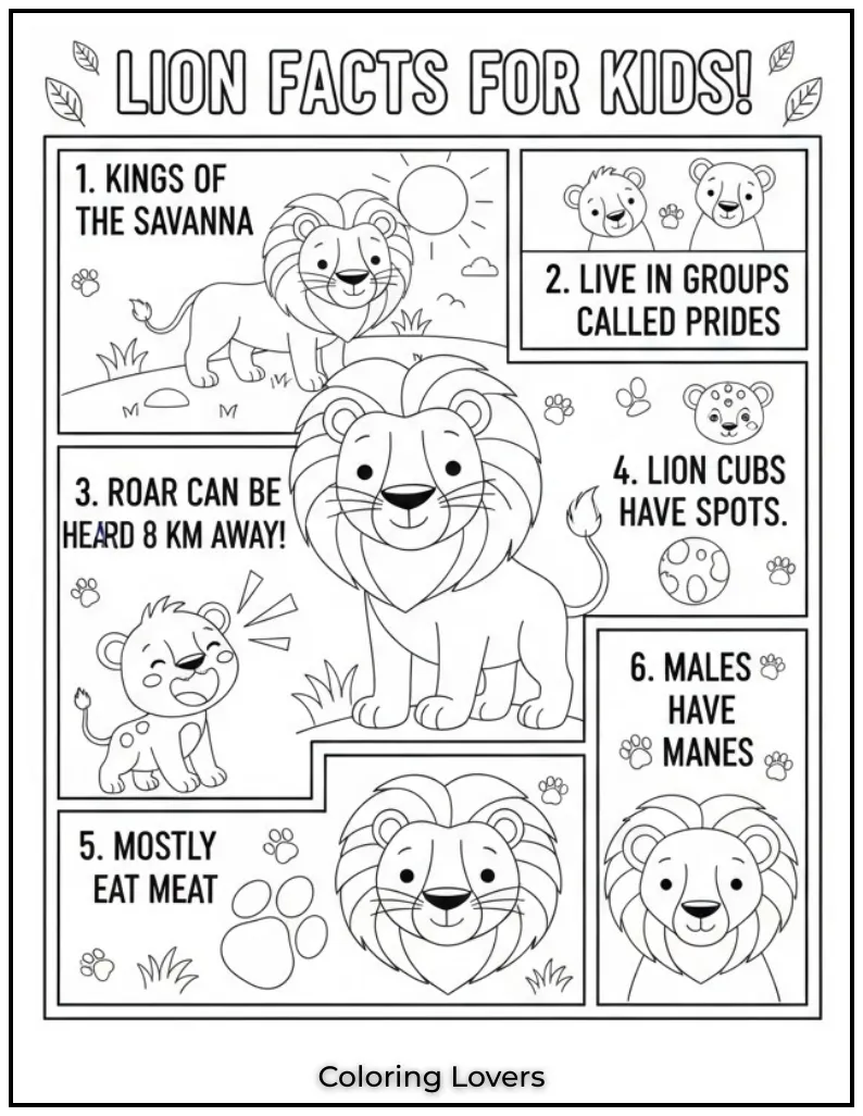 Heres a fun way to learn while coloring. This page shares some cool facts about lions perfect for curious kids