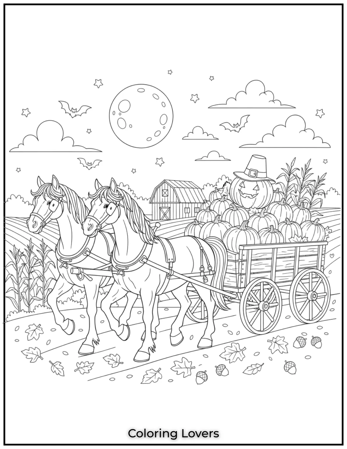 Horses pulling a cart full of pumpkins under a full moon. A classic autumn harvest scene Perfect for a cozy pumpkin coloring page