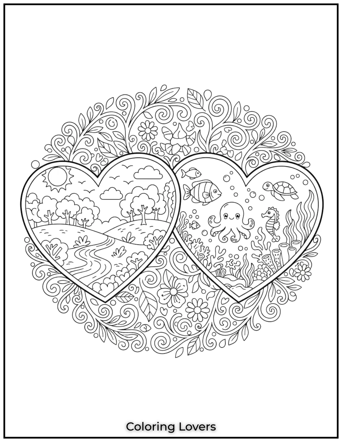 I combined nature and ocean scenes in these two hearts. Its like a little world waiting for you to color