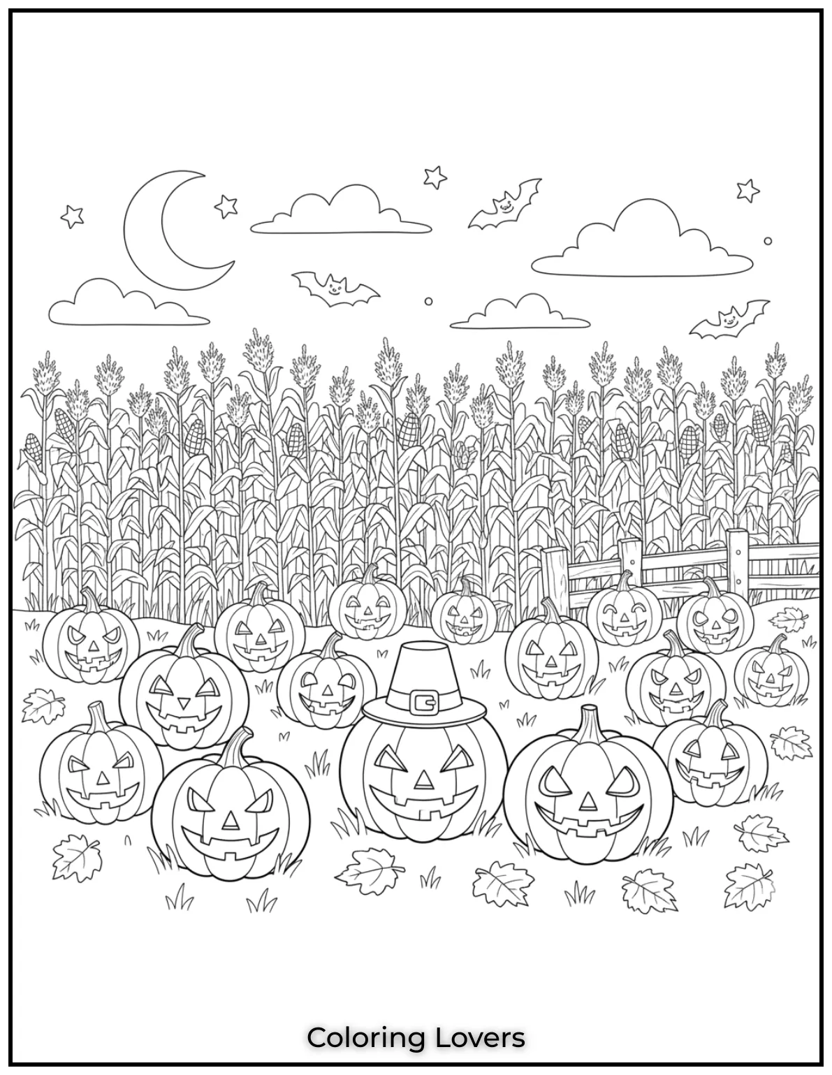 I designed this pumpkin patch with a cornfield in the background to give kids a fun autumn scene to color