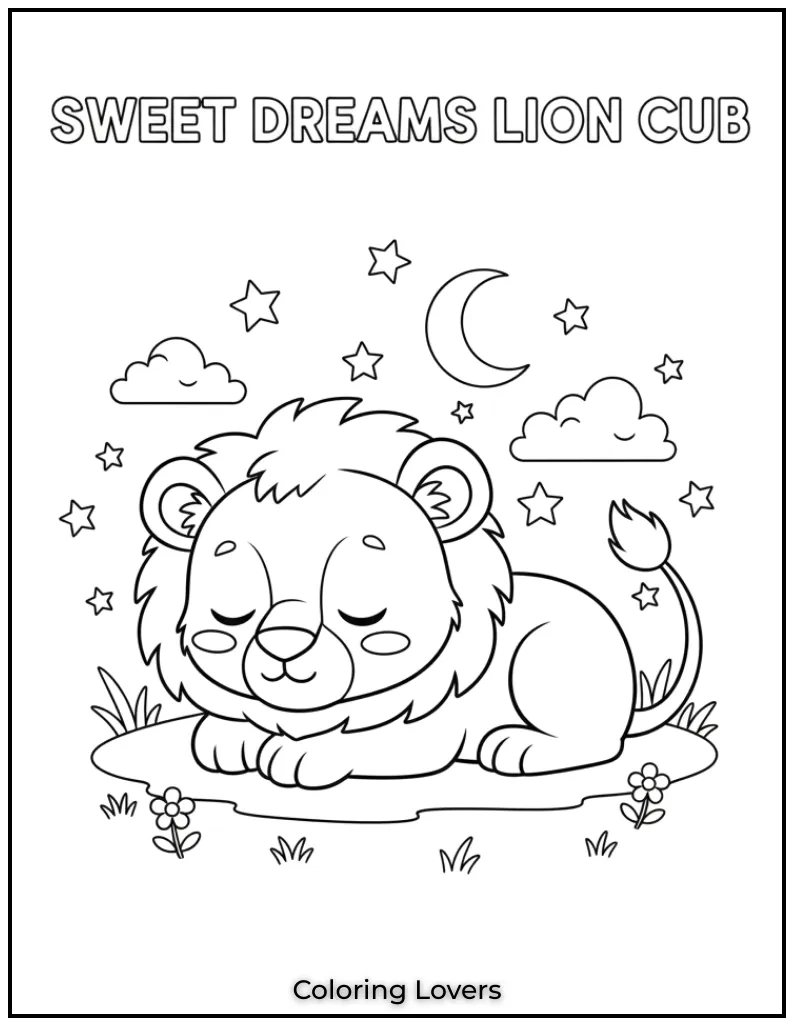 I drew this sleepy lion cub under a starry sky ready for bed. Its such a calm and peaceful scene to color before bedtime