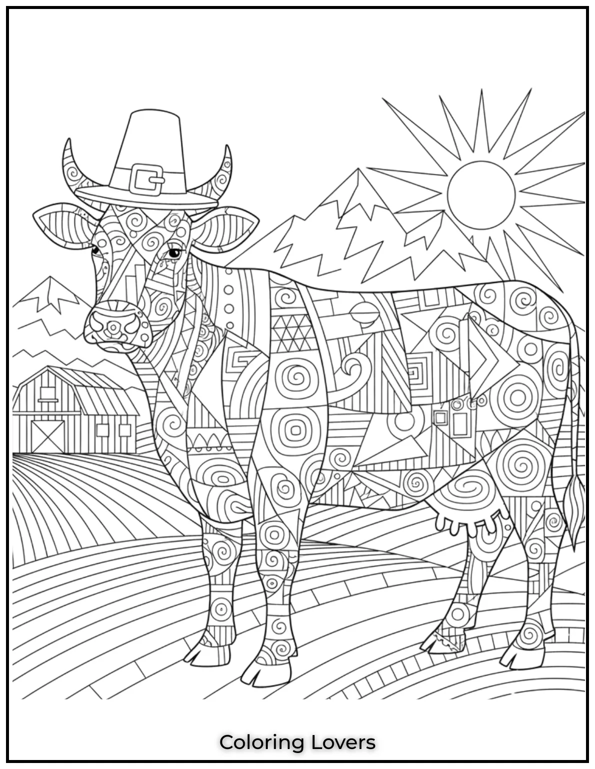 I had so much fun designing this abstract cow filled with geometric patterns. Its a great page for adults who love mixing art and nature