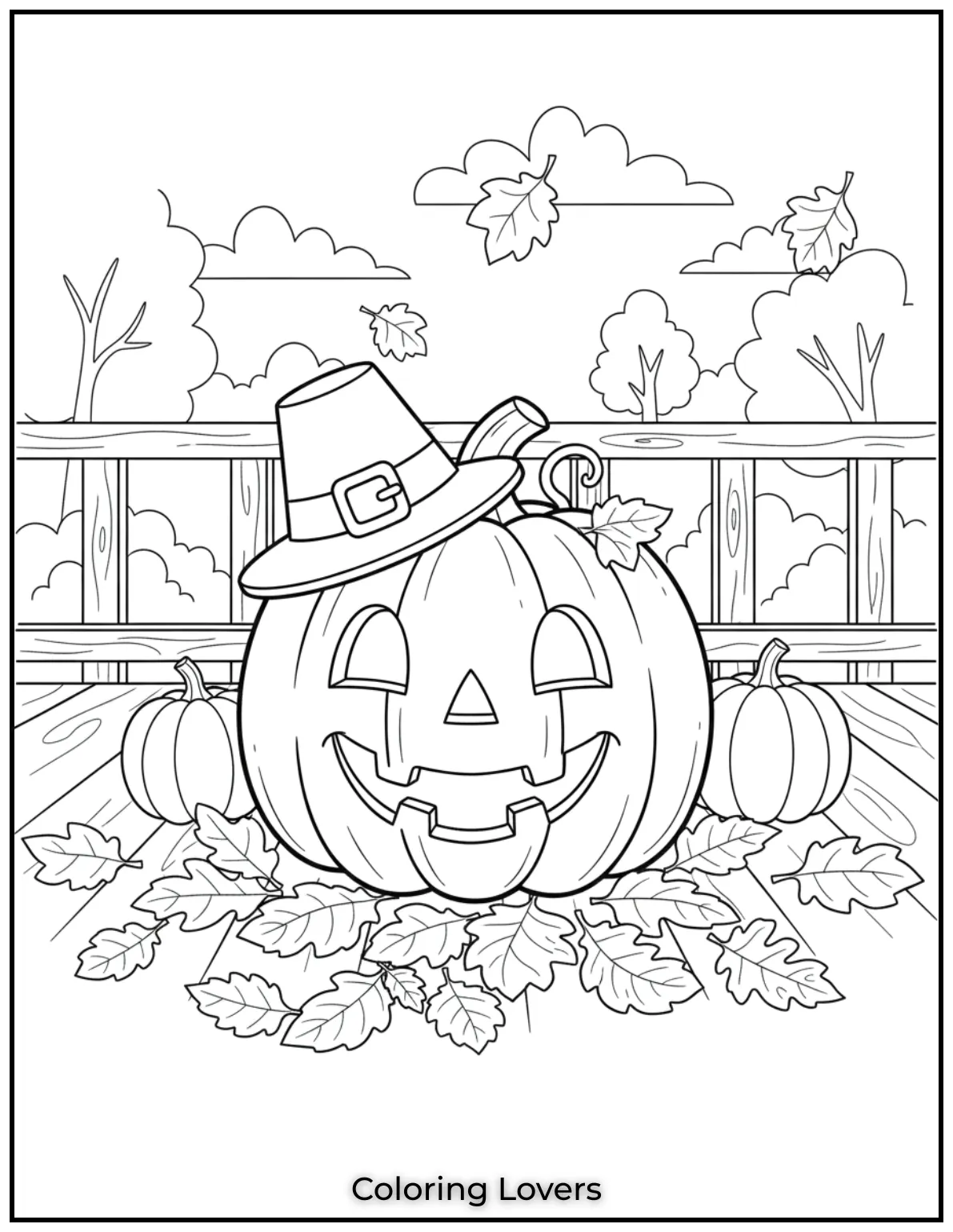 I love drawing this cheerful pumpkin on a porch surrounded by fallen leaves. It really captures the spirit of fall and makes for a fun pumpkin coloring page