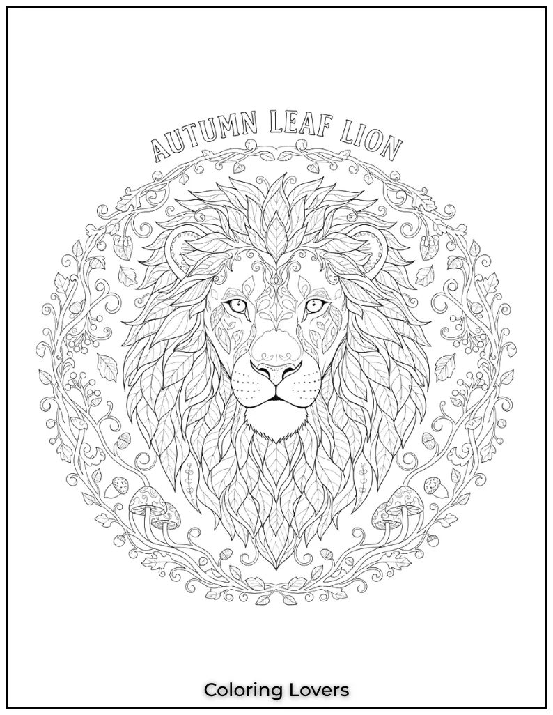 I loved combining this lion with autumn leaves. Adults will have a great time coloring this fun lion coloring page for the fall season