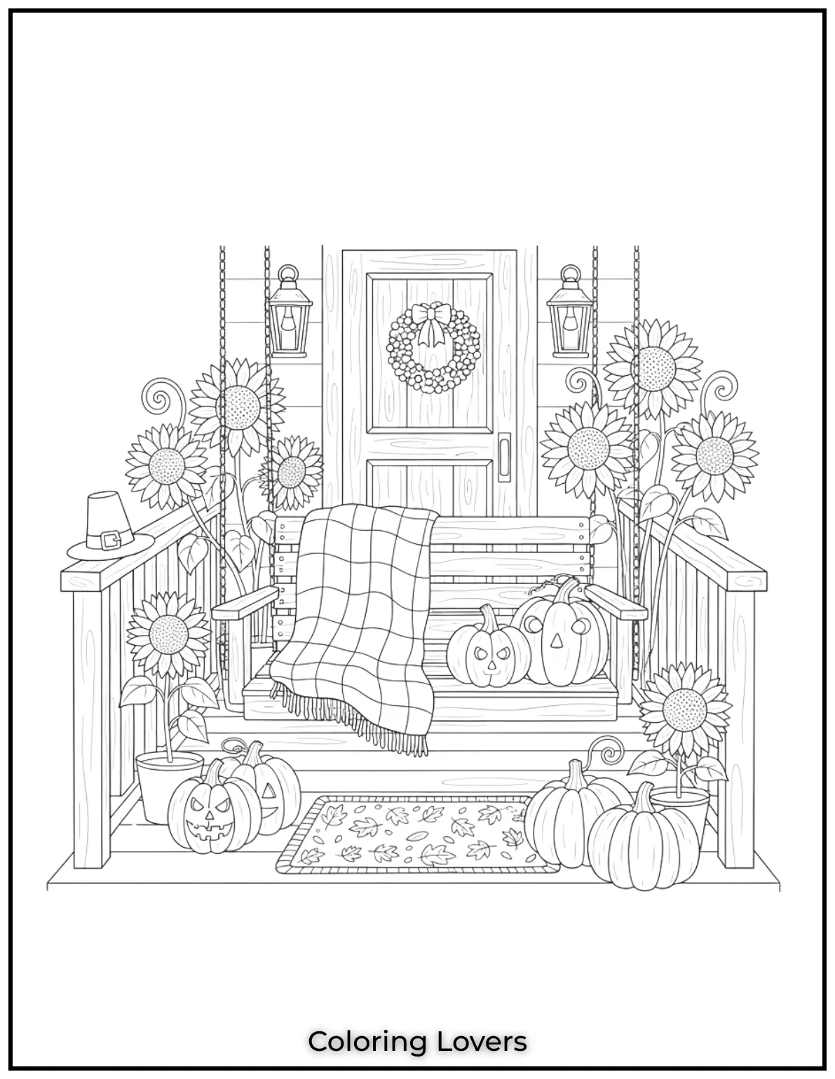 I wanted this cozy porch decorated with pumpkins and bright sunflowers to feel like the perfect spot to welcome fall