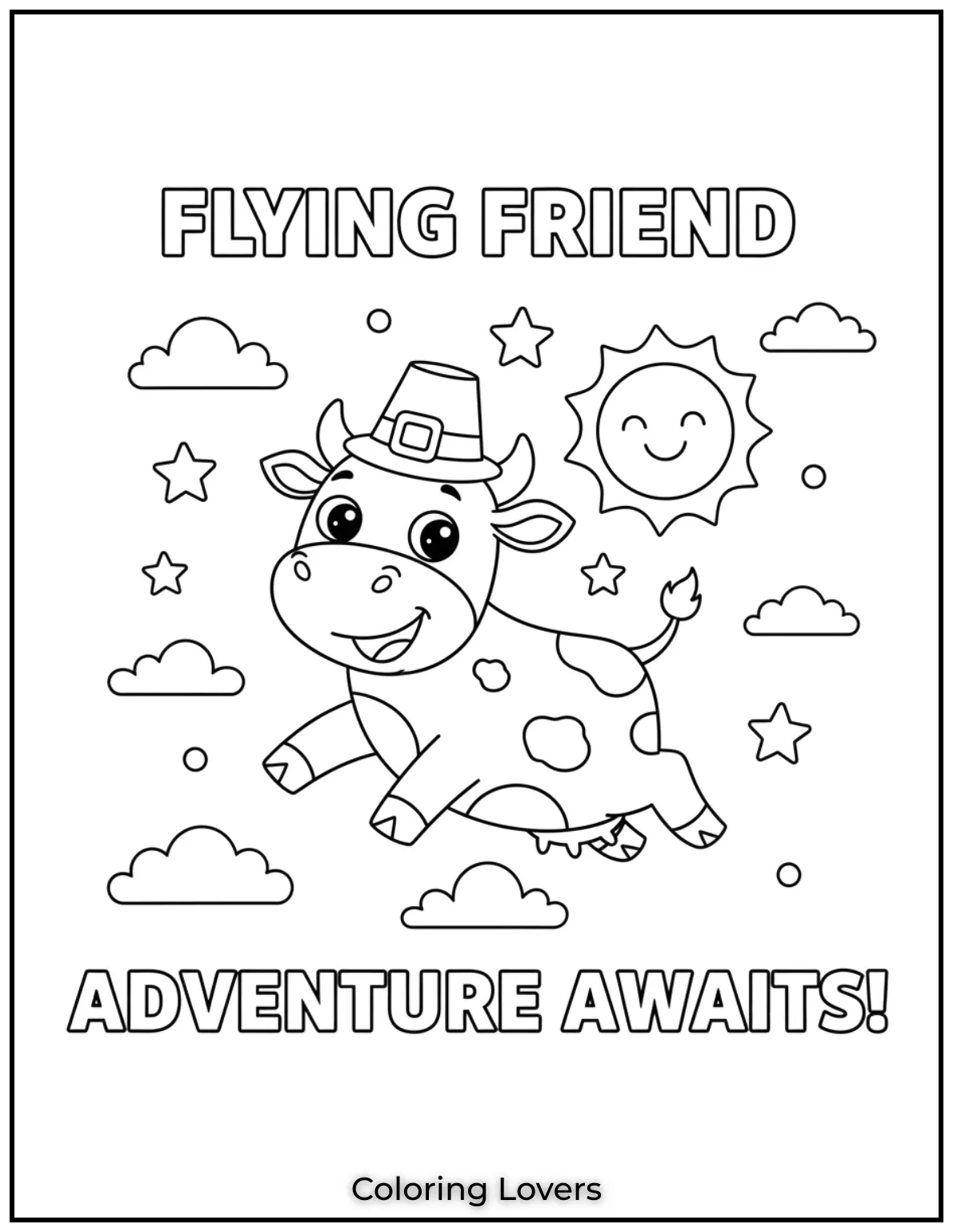 Imagine a cow flying through the clouds. This playful design is perfect for sparking imagination in kids while they color